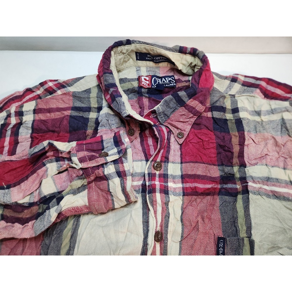 Chaps Ralph Lauren Mens L Plaid Flannel Button Down Long Sleeve Shirt Red